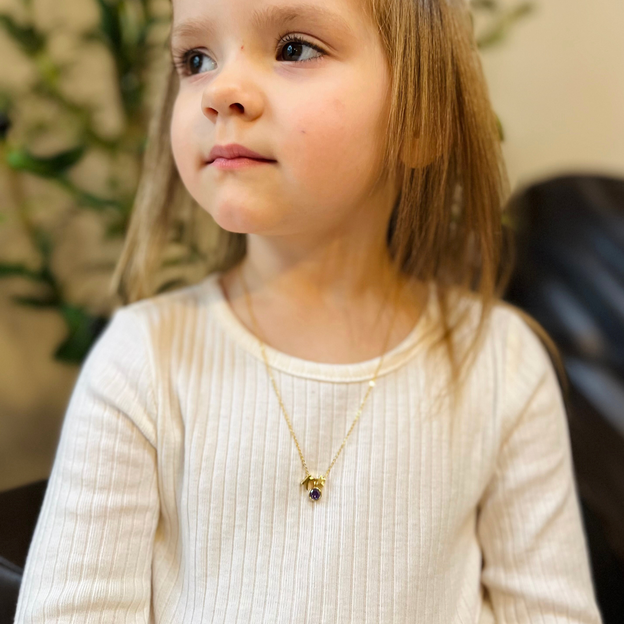Children Birthstone Initial Necklace - 18K Gold Plated