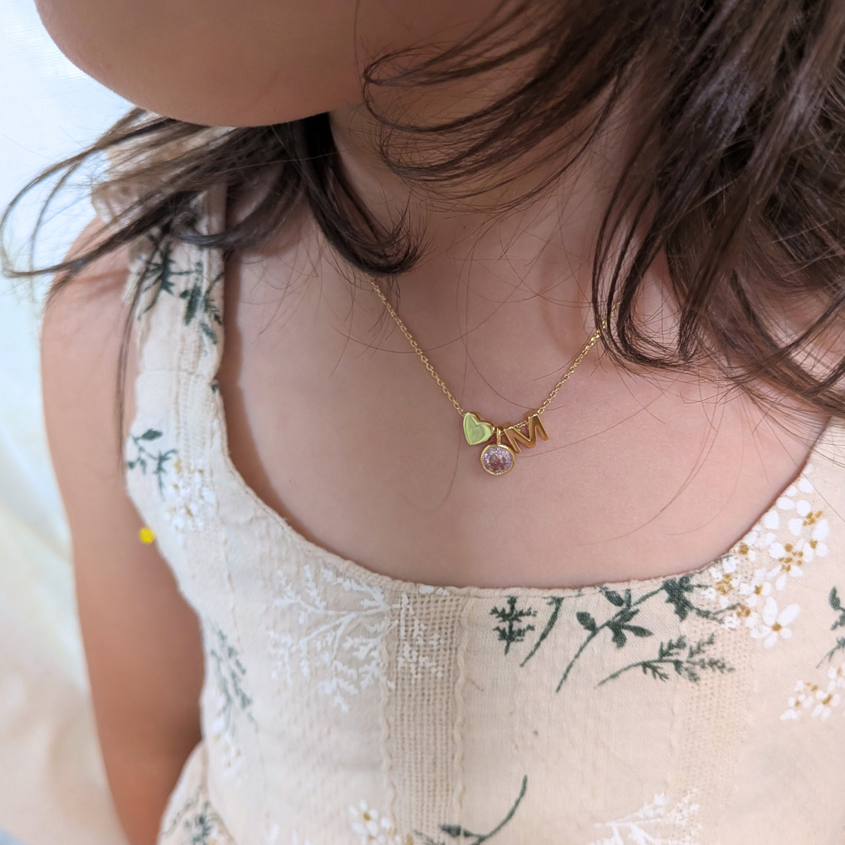 Children Birthstone Initial Necklace - 18K Gold Plated