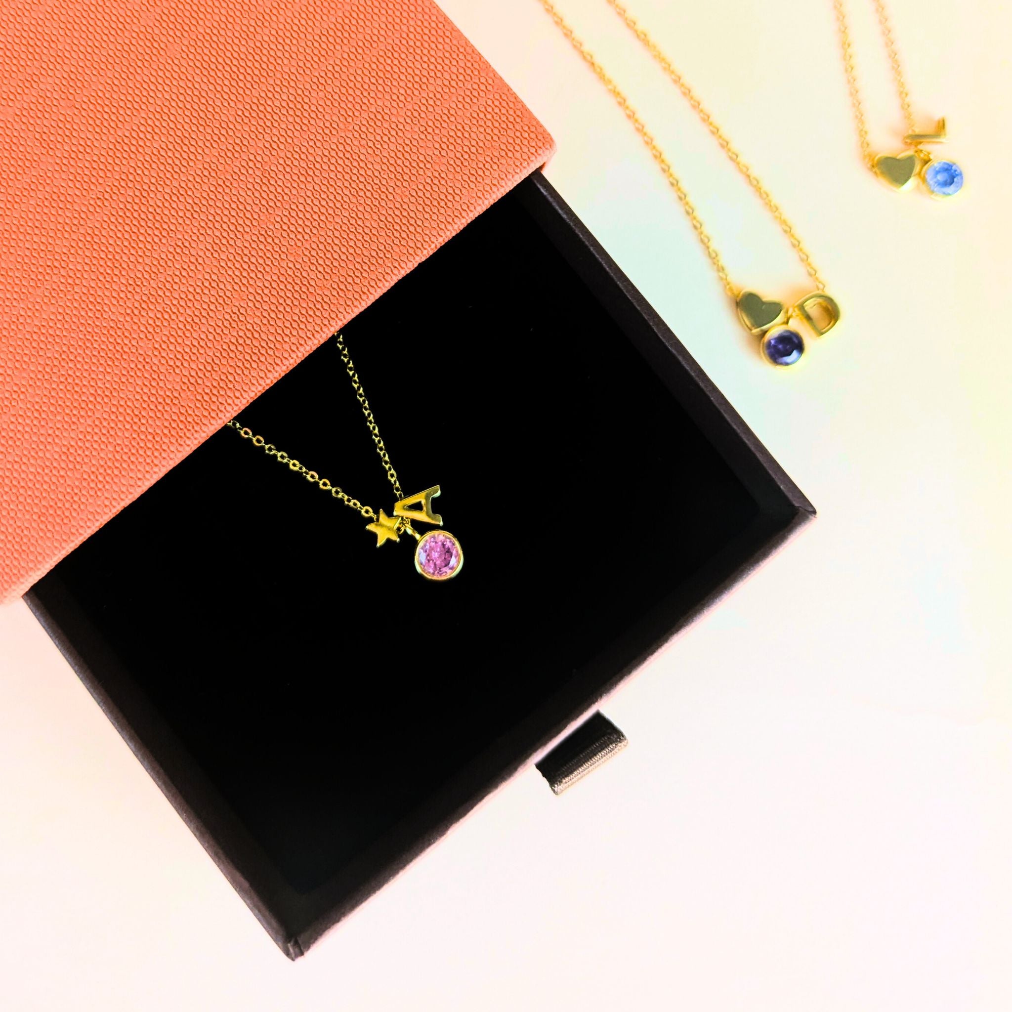 Children Birthstone Initial Necklace -18K Gold Plated on S925 Silver