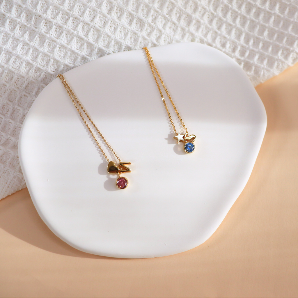Children Birthstone Initial Necklace - 18K Gold Plated