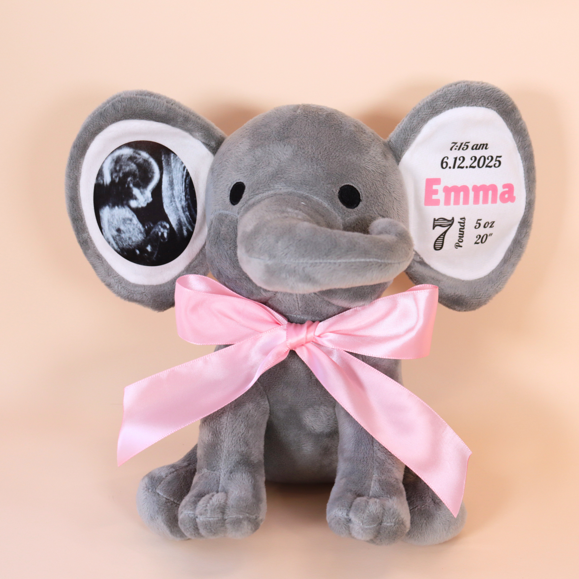 Custom Ultrasound Photo + Birth Stats Elephant Stuffed Animal