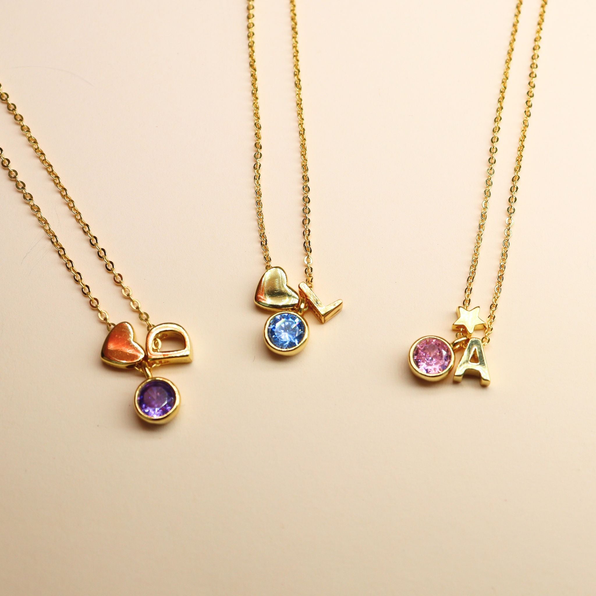 Children Birthstone Initial Necklace -18K Gold Plated on S925 Silver