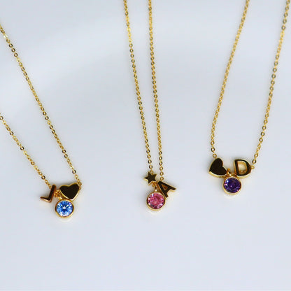 Children Birthstone Initial Necklace -18K Gold Plated on S925 Silver