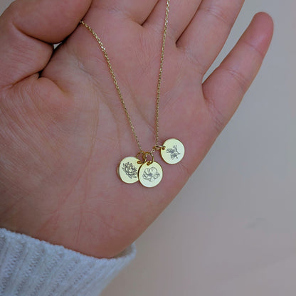 Tiny Birth Flower Disc Necklace– 18K Gold On S925 Silver