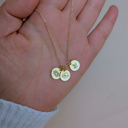 Tiny Birth Flower Disc Necklace– 18K Gold On S925 Silver