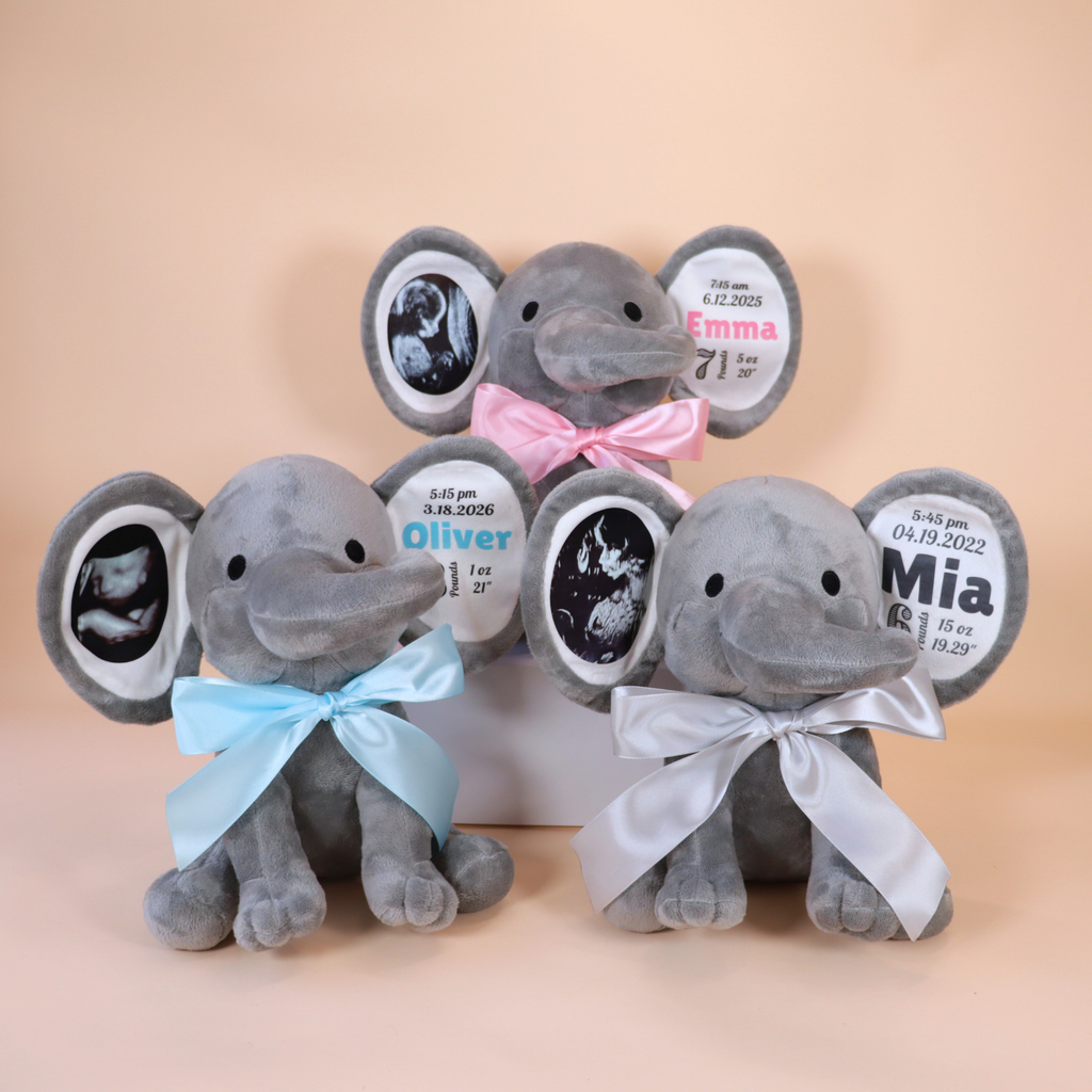 Custom Ultrasound Photo + Birth Stats Elephant Stuffed Animal
