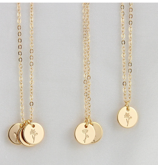Tiny Birth Flower Disc Necklace– 18K Gold On S925 Silver