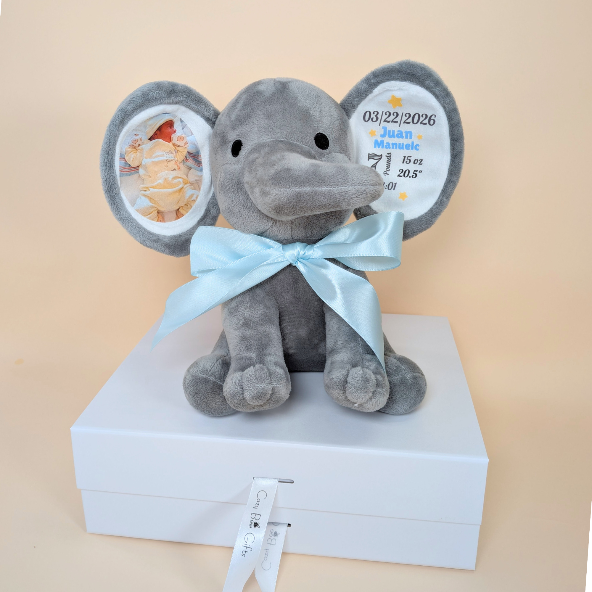 Custom Ultrasound Photo + Birth Stats Elephant Stuffed Animal