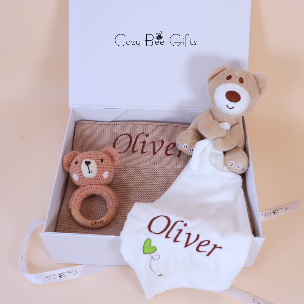 Personalised Knitted Baby Gift Set – Blanket, Comforter & Brush