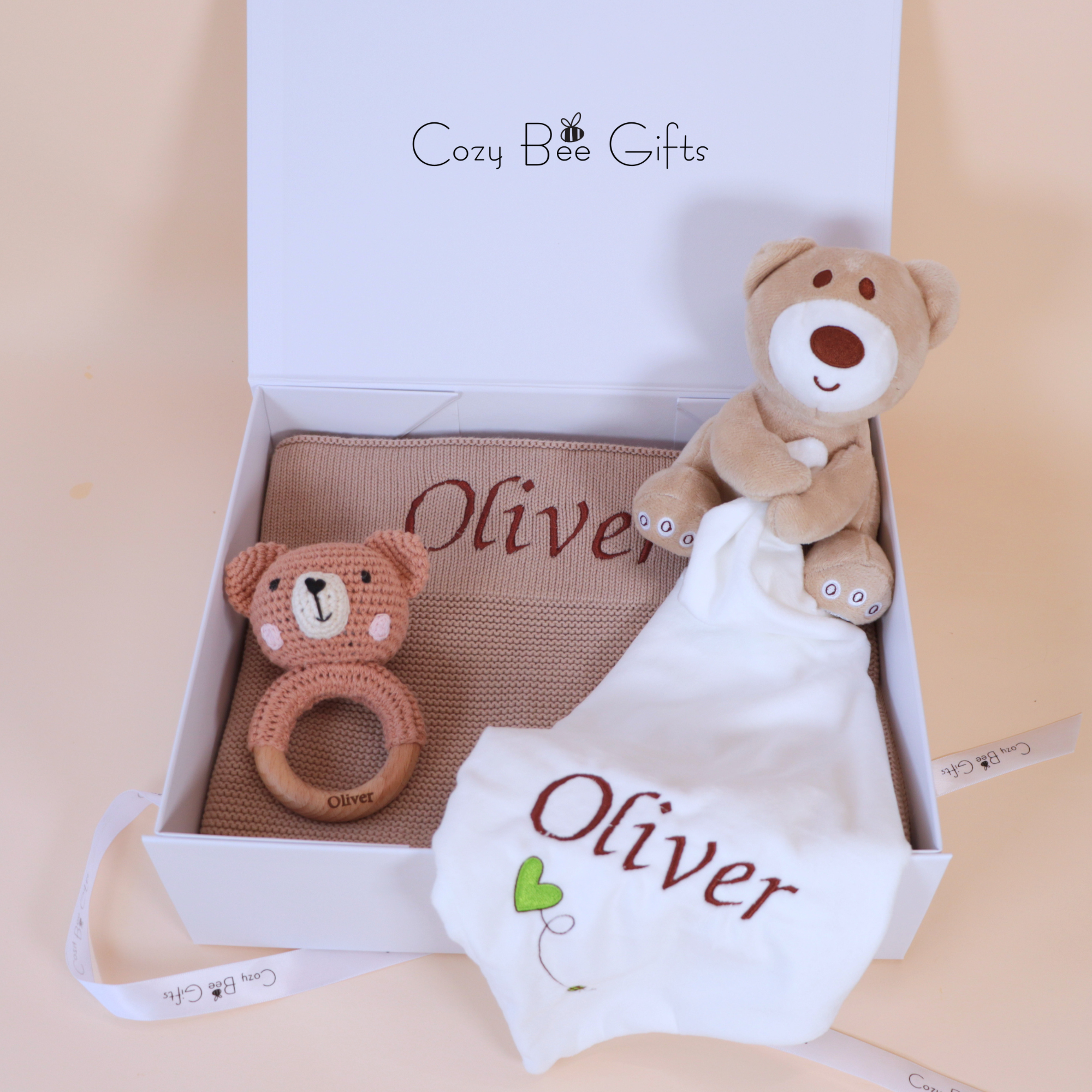 Personalised Knitted Baby Gift Set – Blanket, Comforter & Brush