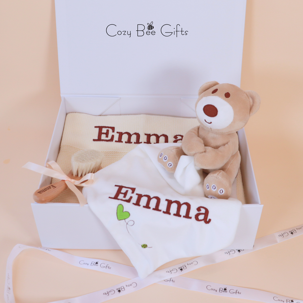 Personalised Knitted Baby Gift Set – Blanket, Comforter & Brush
