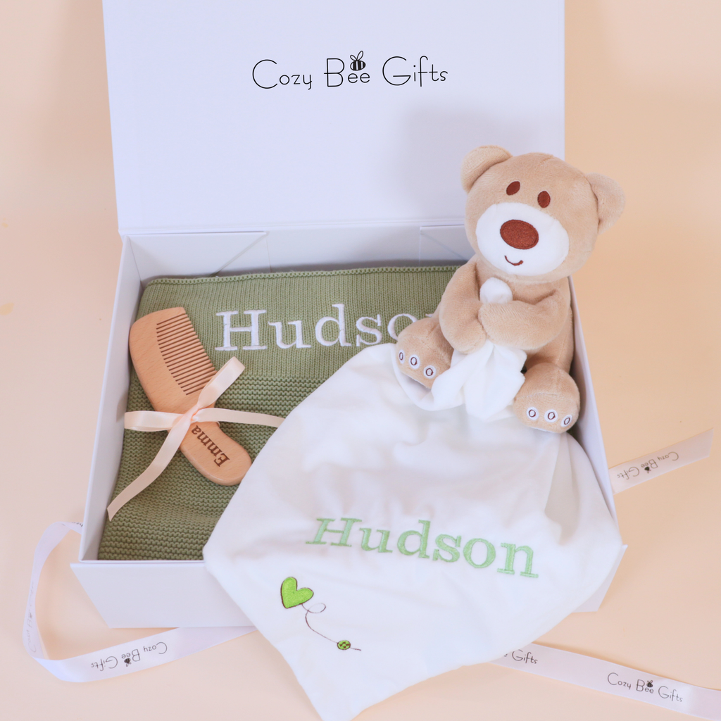 Personalised Knitted Baby Gift Set – Blanket, Comforter & Brush