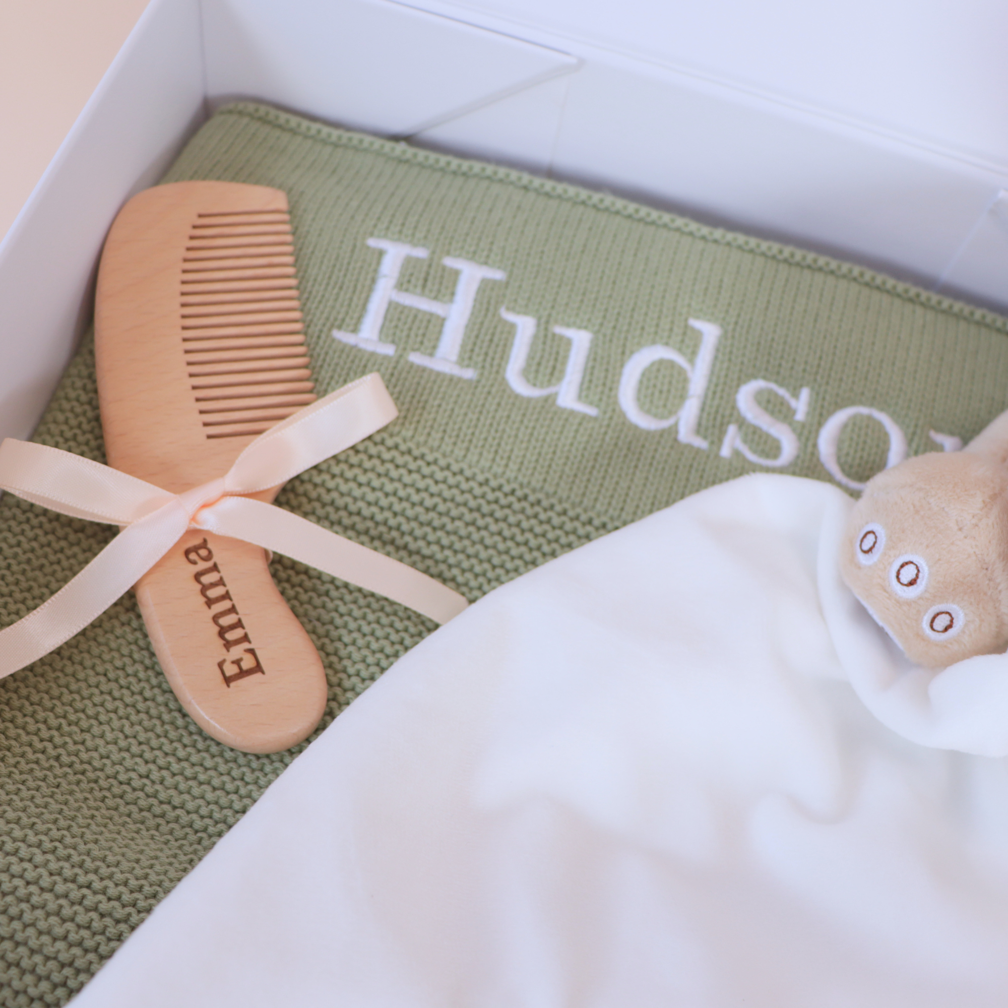 Personalised Knitted Baby Gift Set – Blanket, Comforter & Brush