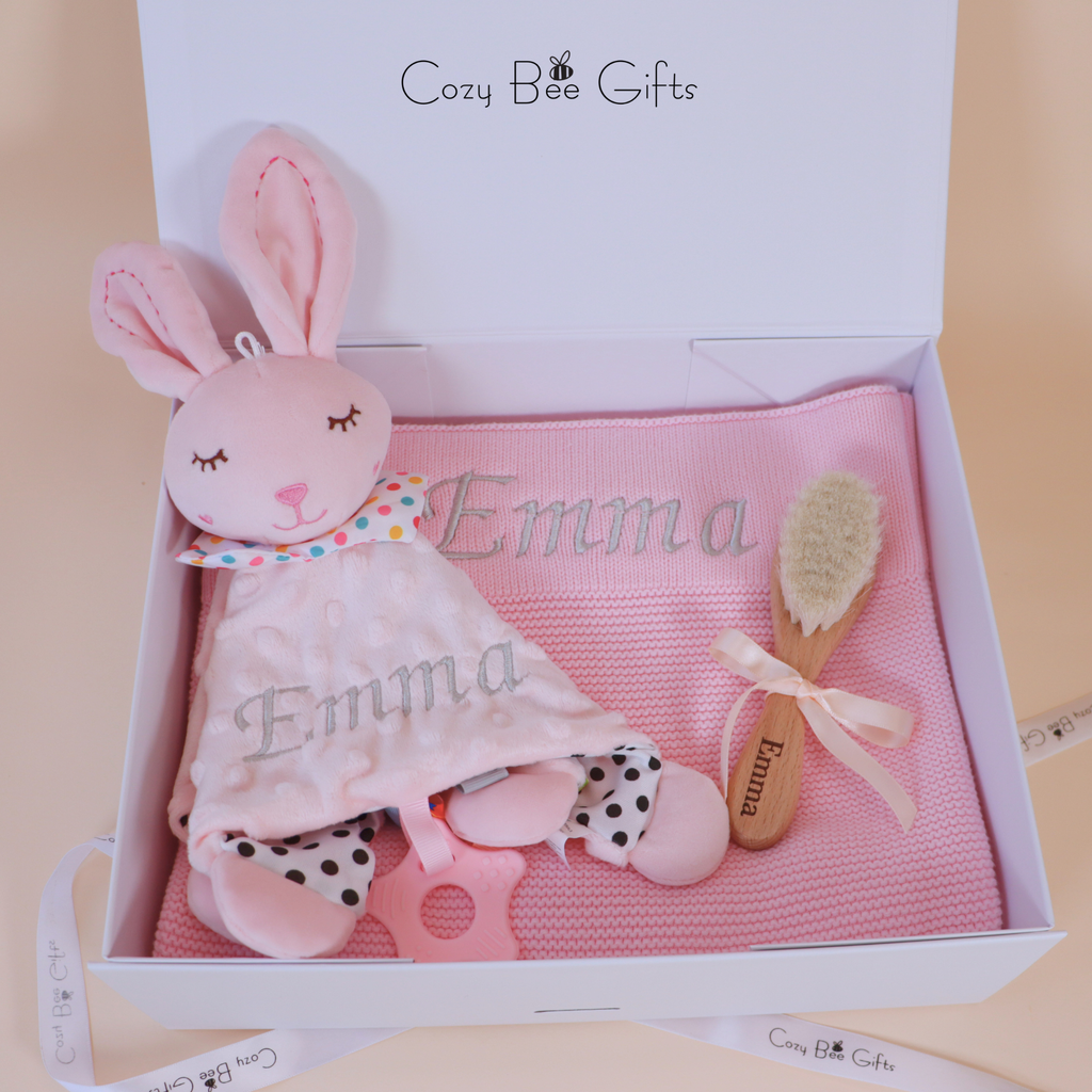 Personalised Knitted Baby Gift Set – Blanket, Comforter & Brush