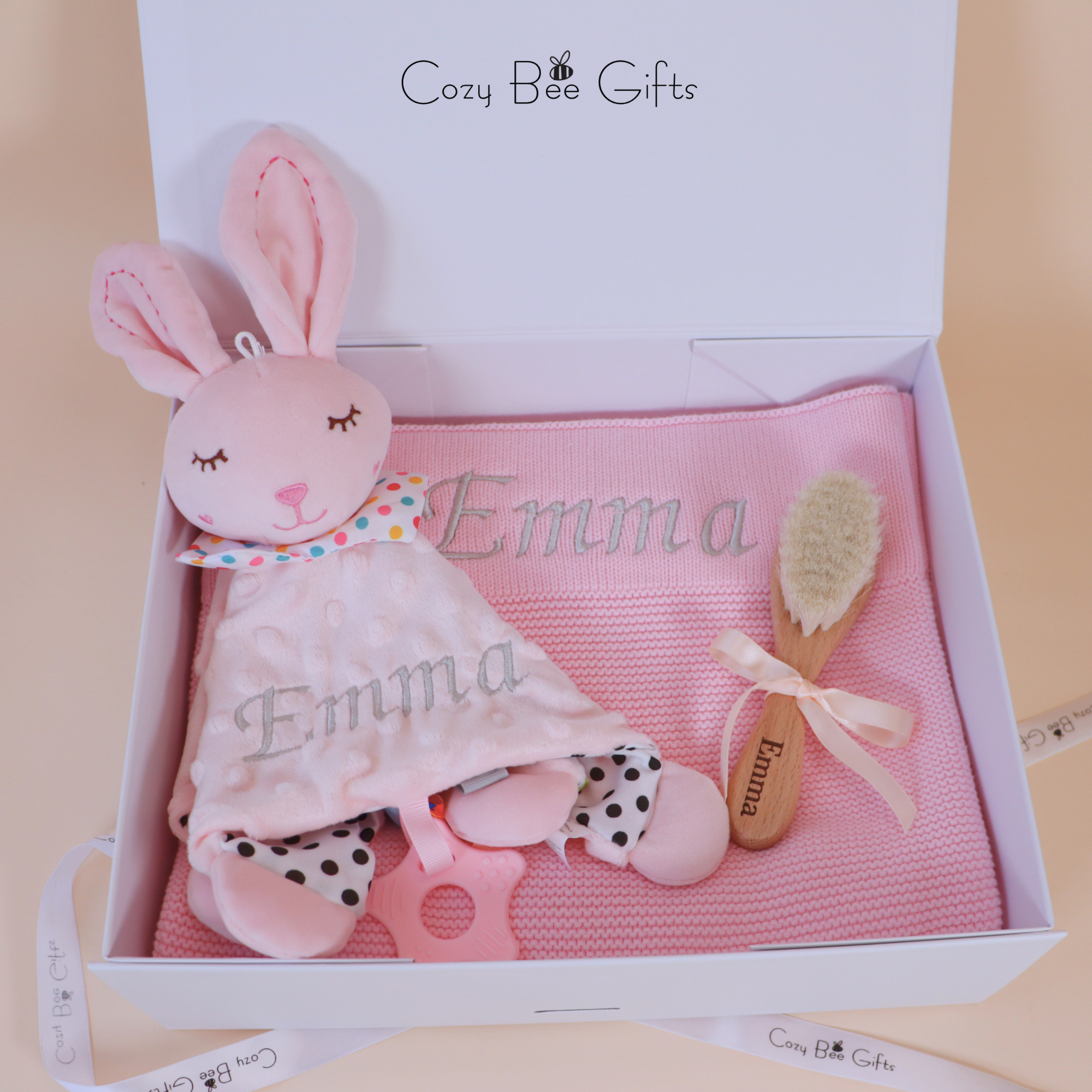 Personalised Knitted Baby Gift Set – Blanket, Comforter & Brush