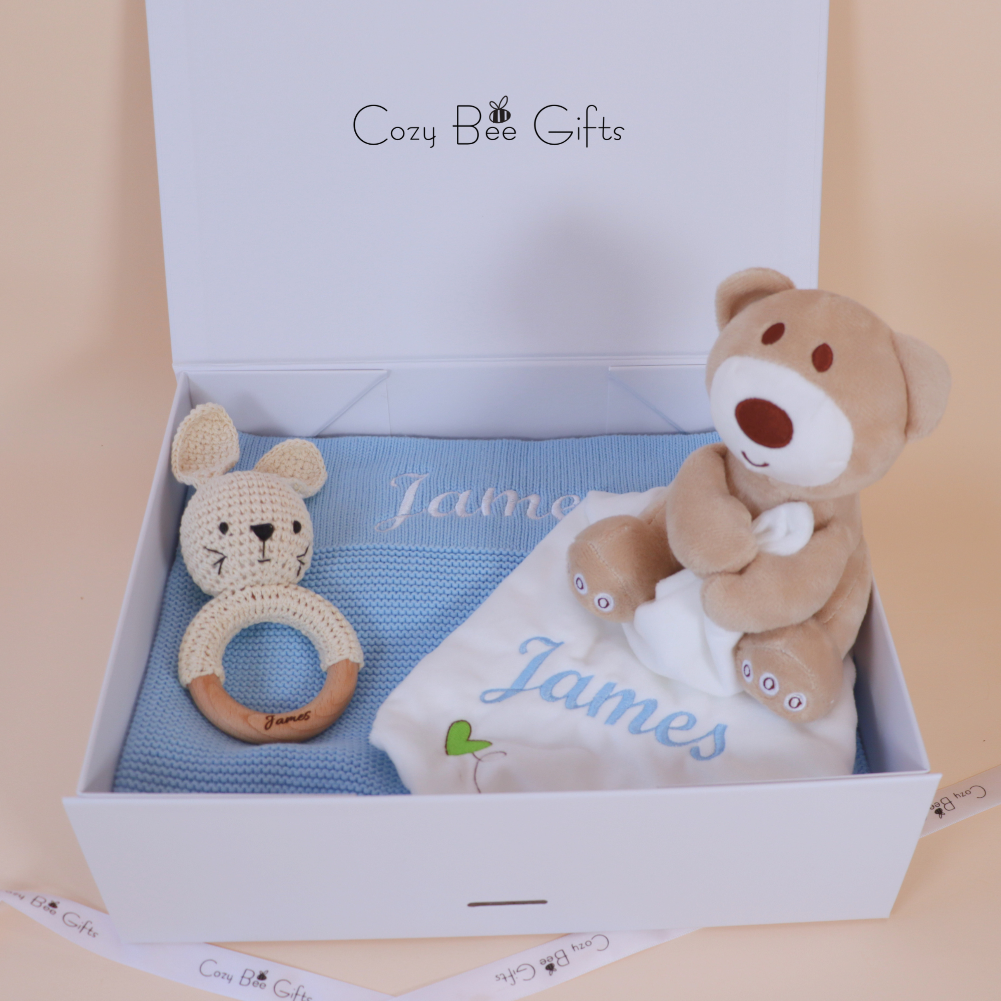 Personalised Knitted Baby Gift Set – Blanket, Comforter & Brush