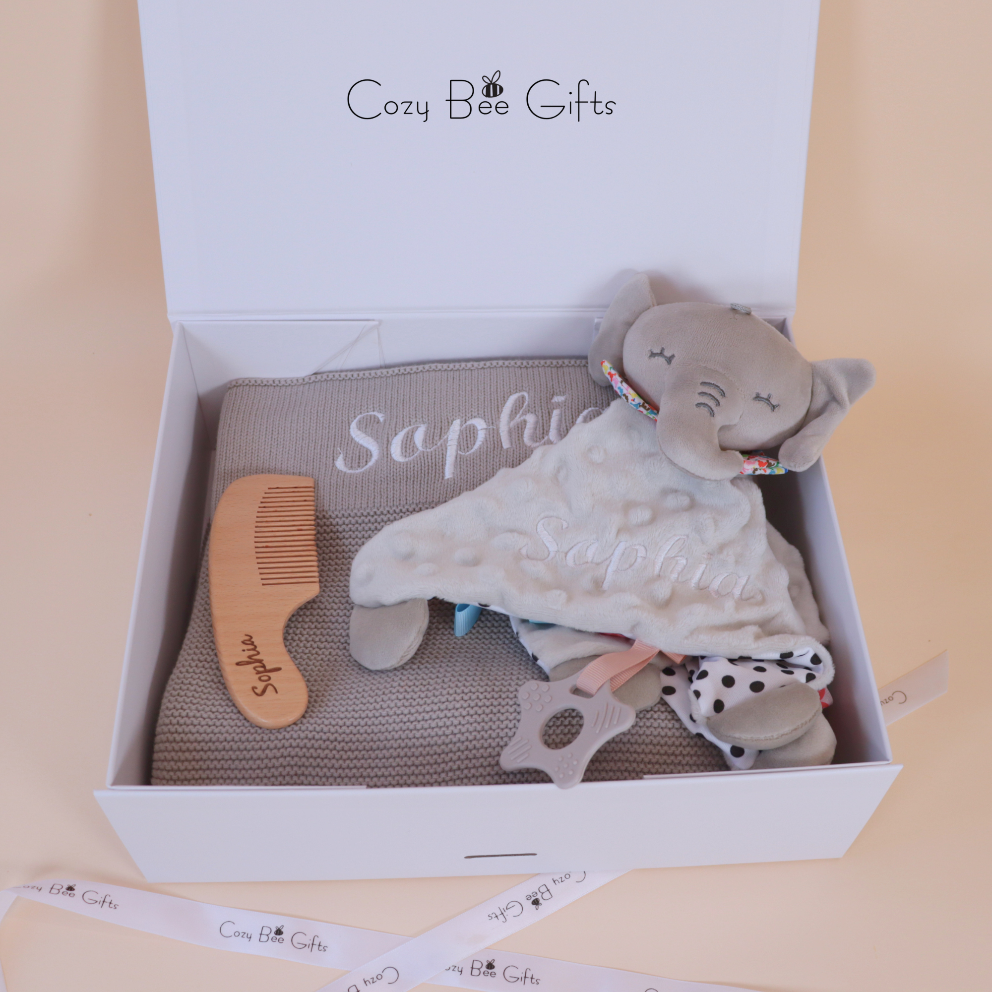 Personalised Knitted Baby Gift Set – Blanket, Comforter & Brush