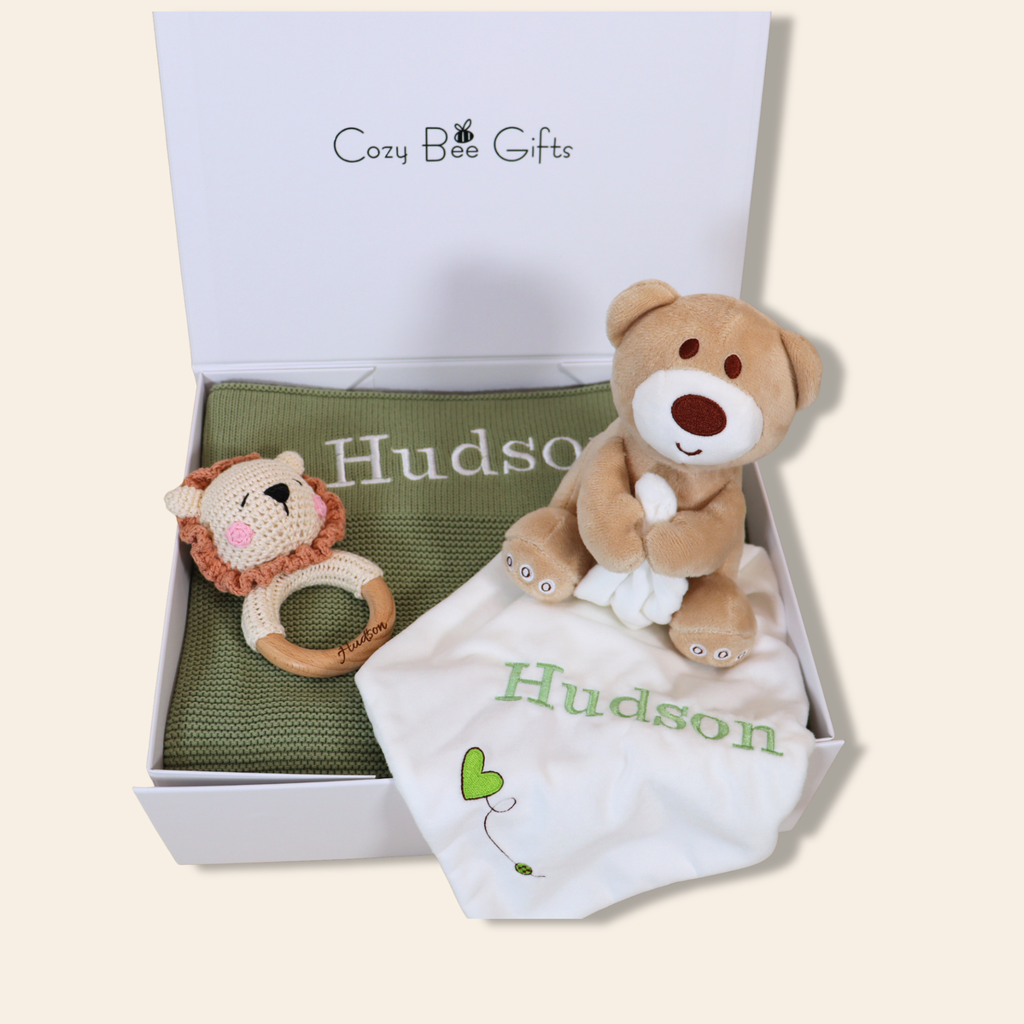 Personalised Knitted Baby Gift Set – Blanket, Comforter & Brush