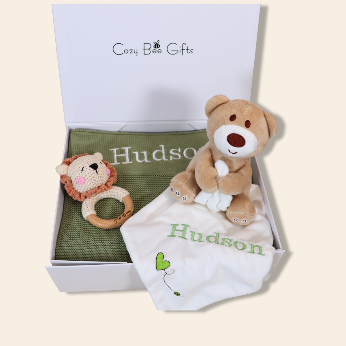 Personalised Knitted Baby Gift Set – Blanket, Comforter & Brush