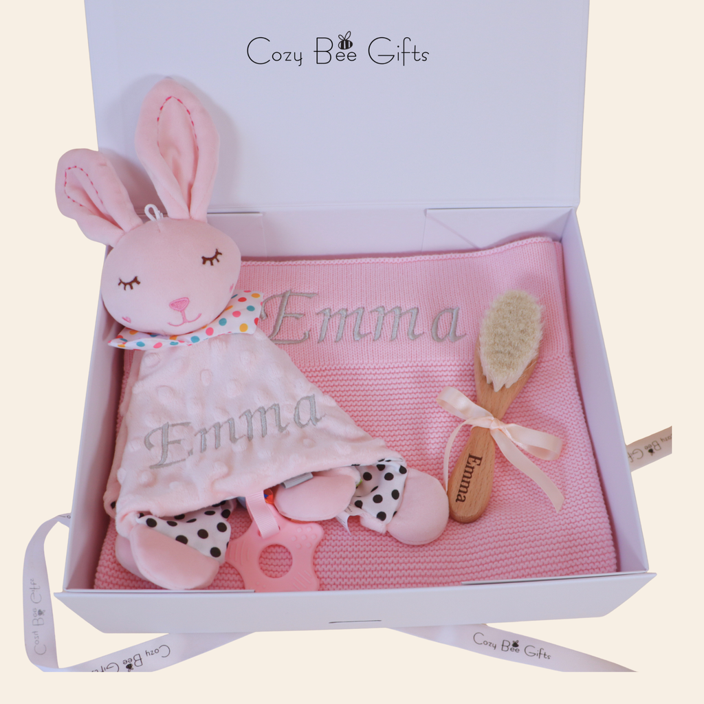 Personalised Knitted Baby Gift Set – Blanket, Comforter & Brush