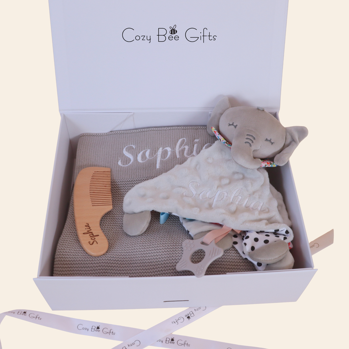Personalised Knitted Baby Gift Set – Blanket, Comforter & Brush