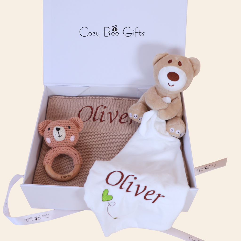 Personalised Knitted Baby Gift Set – Blanket, Comforter & Brush