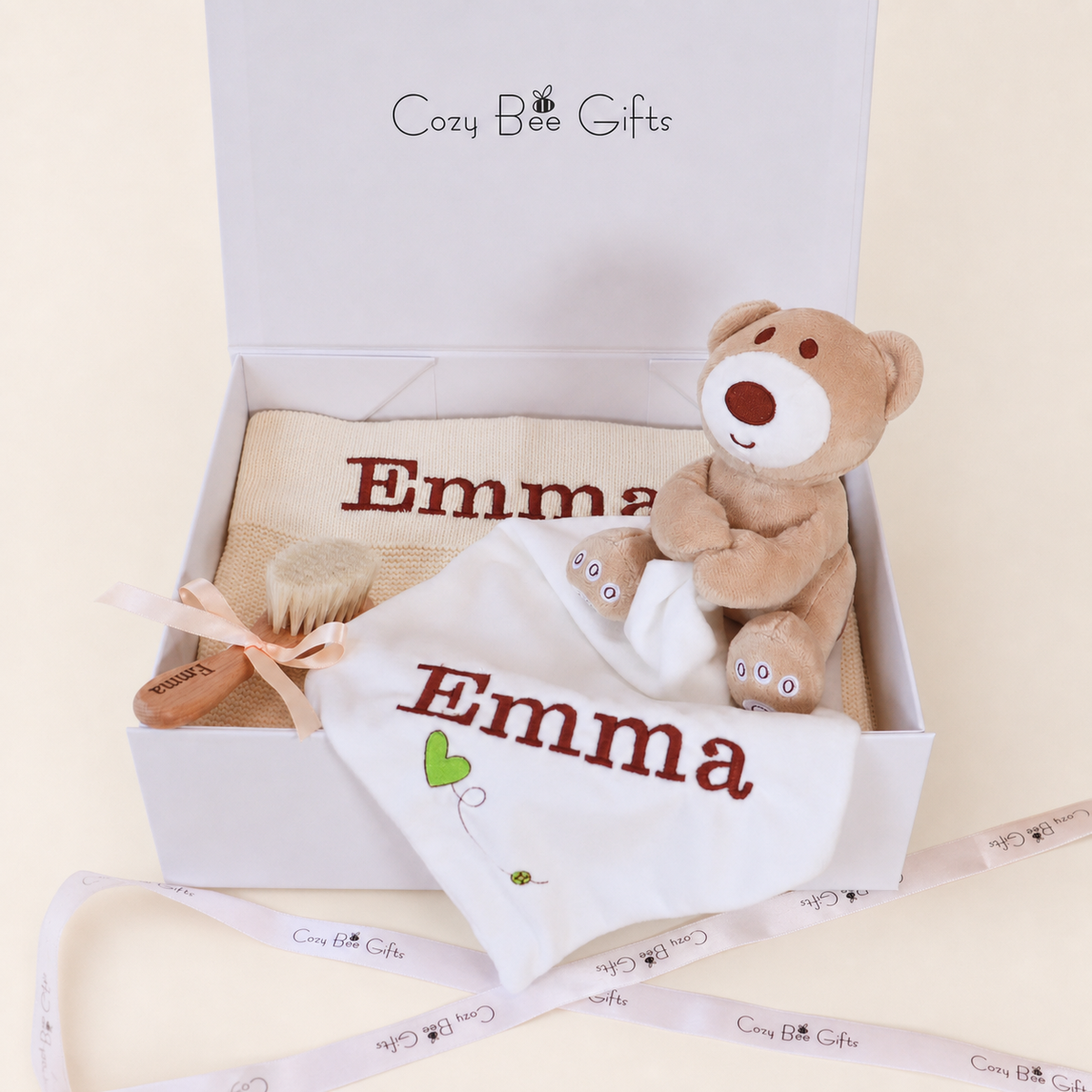 Personalised Knitted Baby Gift Set – Blanket, Comforter & Brush