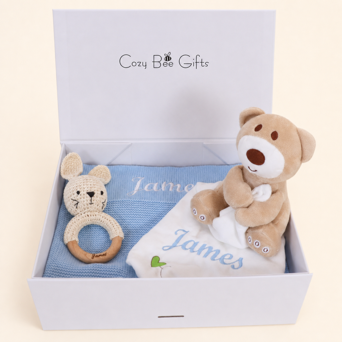 Personalised Knitted Baby Gift Set – Blanket, Comforter & Brush
