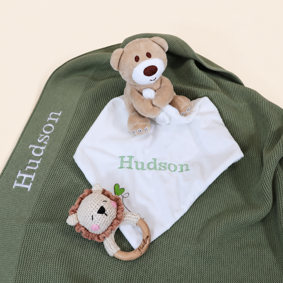 Personalised Knitted Baby Gift Set – Blanket, Comforter & Brush